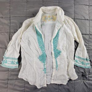 Robert Graham Womens Medium White Green Embroidered Tunic Shirt Long Sleeve